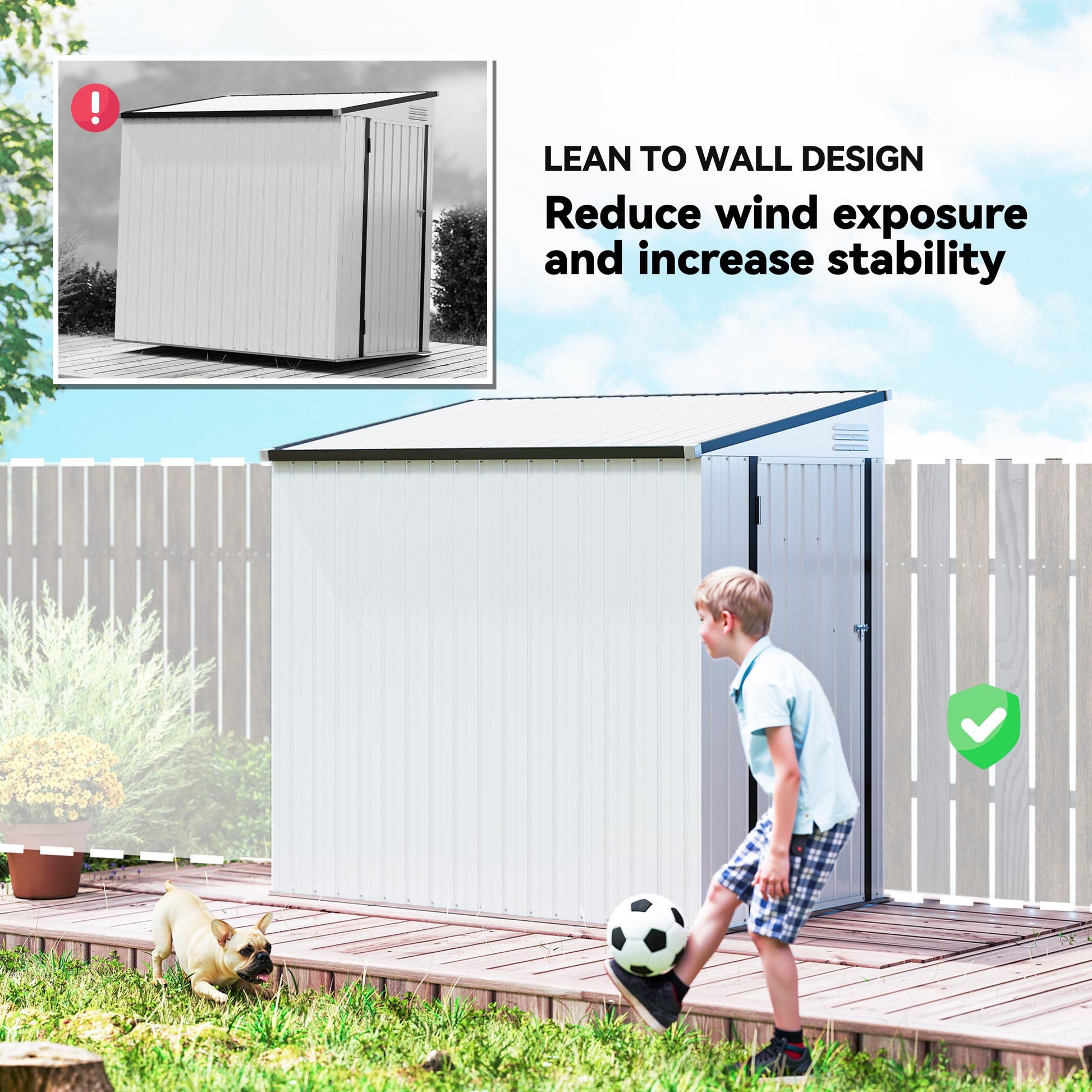 4.3' x 6.3' Outdoor Storage Shed Lean to Shed Outdoor Metal Tool Shed with Lockable Door and Air Vents, White