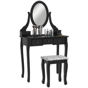 Vanity Desk with Stool, Makeup Vanity with 360° Rotating Oval Mirror, 5 Drawers and Padded Seat, Dressing Table for Bedroom, Black