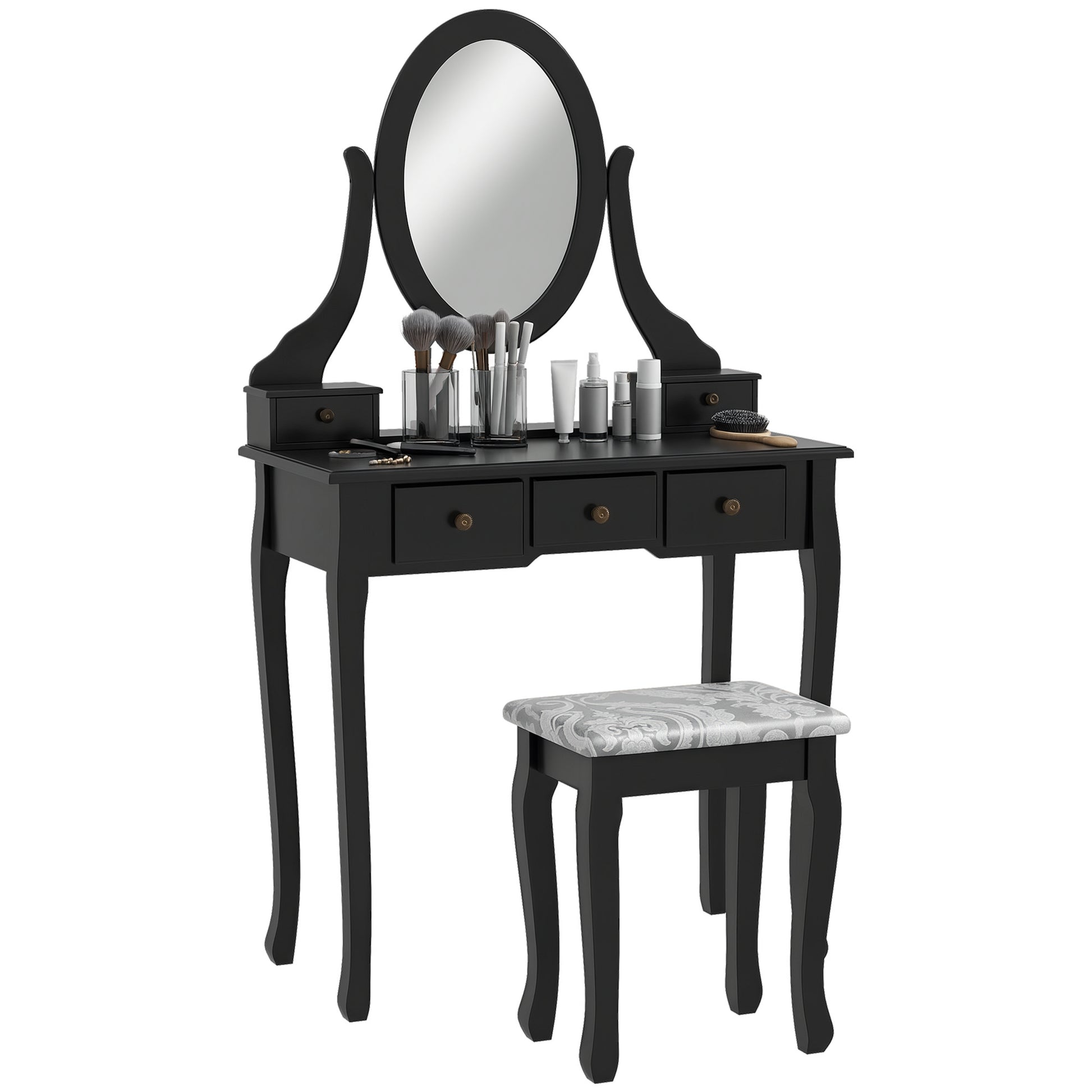 Vanity Desk with Stool, Makeup Vanity with 360° Rotating Oval Mirror, 5 Drawers and Padded Seat, Dressing Table for Bedroom, Black