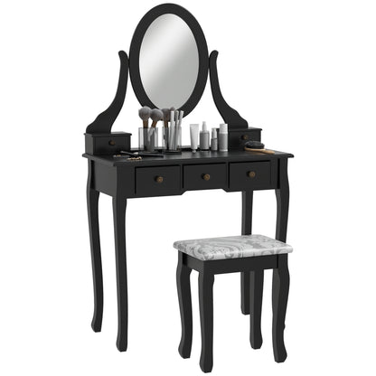 Vanity Desk with Stool, Makeup Vanity with 360° Rotating Oval Mirror, 5 Drawers and Padded Seat, Dressing Table for Bedroom, Black