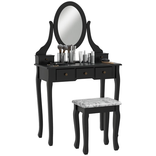 Vanity Desk with Stool, Makeup Vanity with 360° Rotating Oval Mirror, 5 Drawers and Padded Seat, Dressing Table for Bedroom, Black