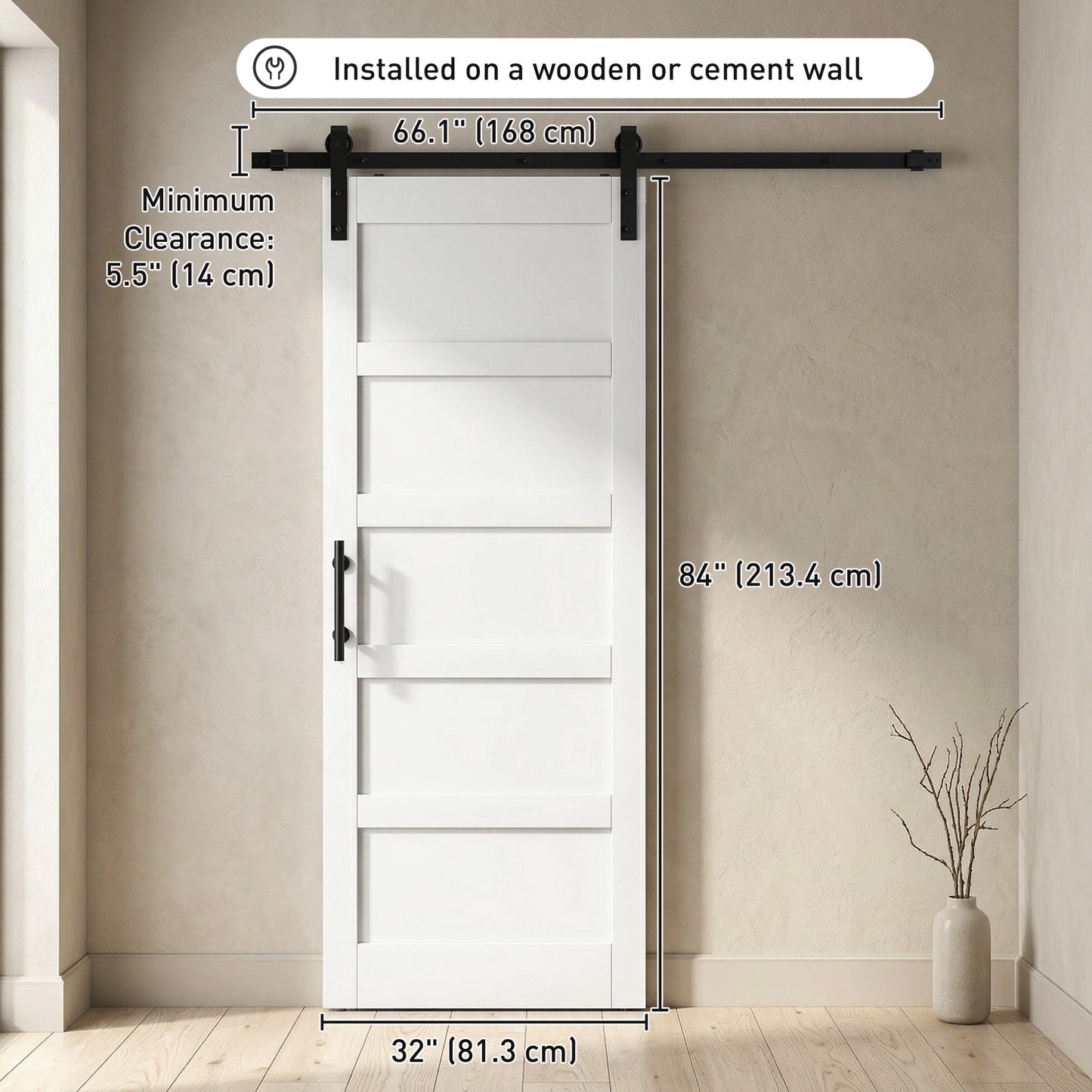 32"x84" Sliding Barn Door with Hardware Kit, Shaker Style Sliding Door with Handle, Track, Floor Guide, White Wood Grain