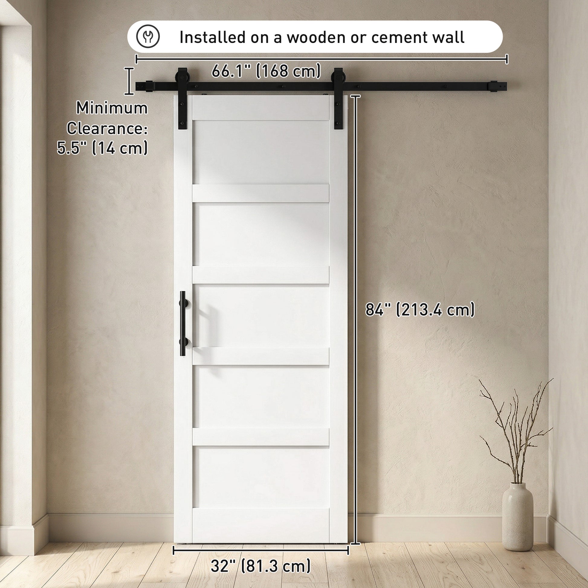 32"x84" Sliding Barn Door with Hardware Kit, Shaker Style Sliding Door with Handle, Track, Floor Guide, White Wood Grain