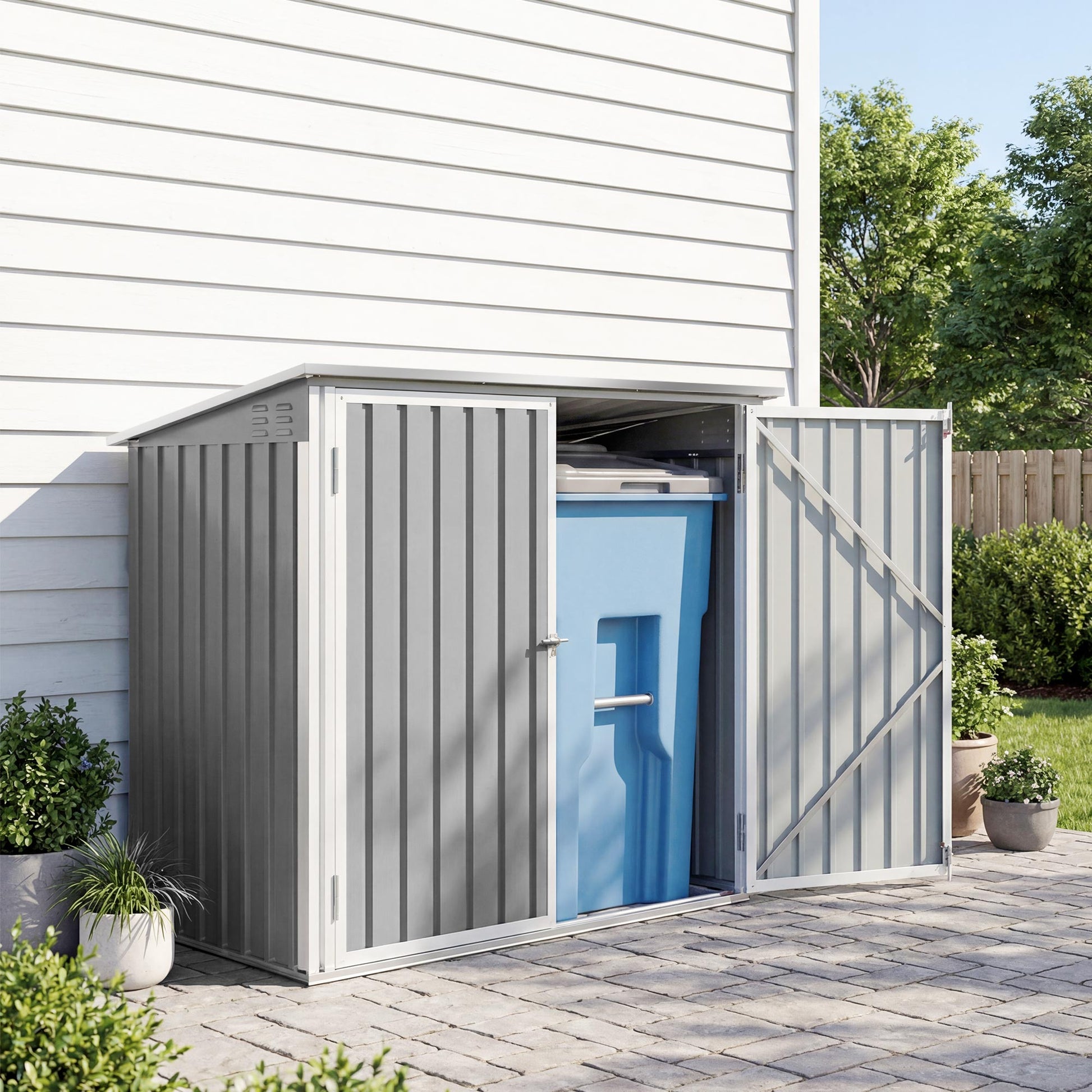 Outdoor Metal Storage Shed Garden Garbage Can Organizer with Double Door and Vents for 2 Trash Cans, Light Grey