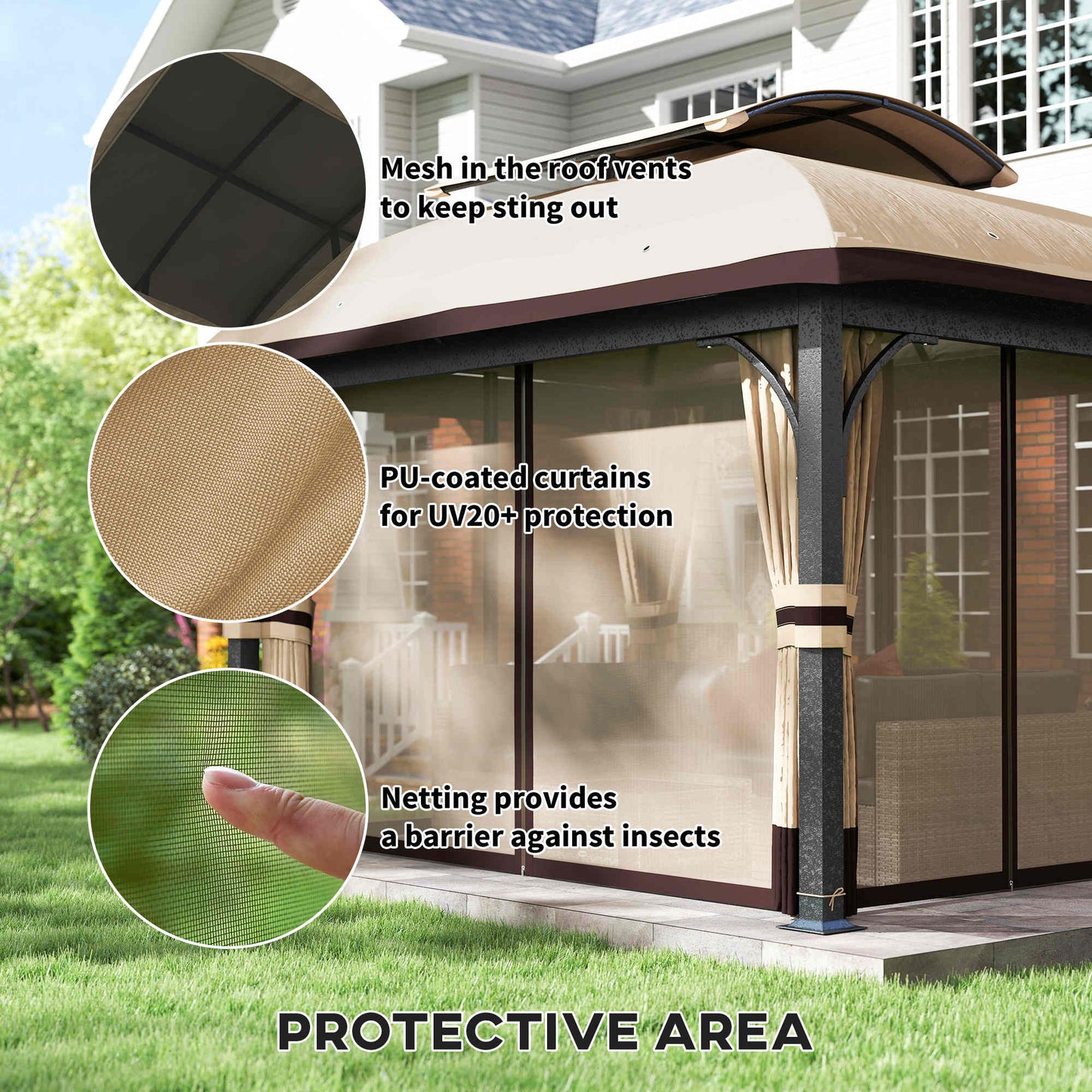 11' x 13' Patio Gazebo, Double Roof Outdoor Gazebo Canopy with Netting & Curtains, Galvanized Metal Frame, Khaki