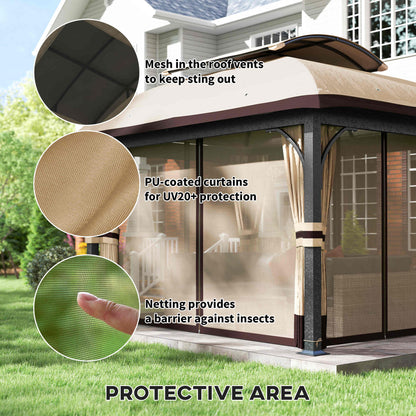 11' x 13' Patio Gazebo, Double Roof Outdoor Gazebo Canopy with Netting & Curtains, Galvanized Metal Frame, Khaki
