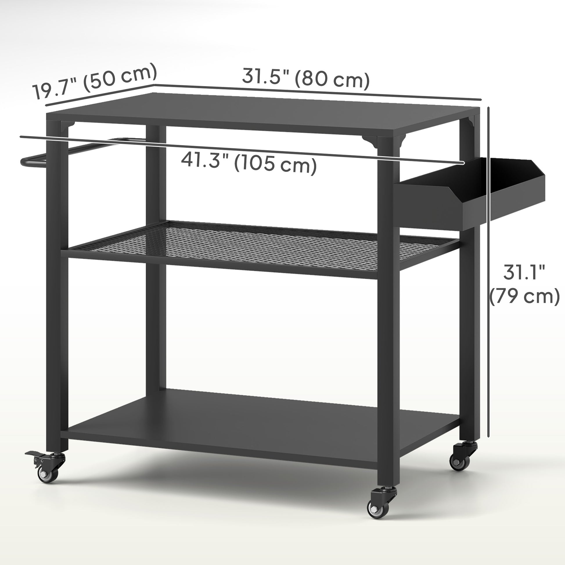 3-Tier Outdoor Grill Dining Cart with Storage Rack, Pizza Oven Stand with Side Handle, 4 Wheels for Backyard Party