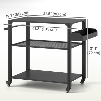 3-Tier Outdoor Grill Dining Cart with Storage Rack, Pizza Oven Stand with Side Handle, 4 Wheels for Backyard Party