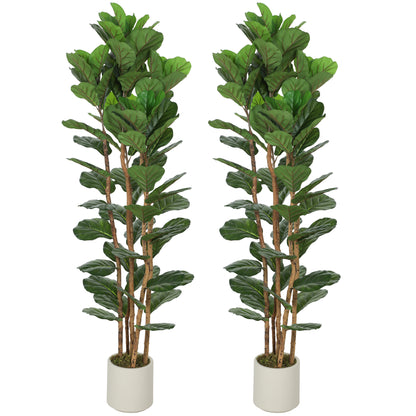 6FT Artificial Fiddle Leaf Fig Tree Set of 2, Fake Potted Tree with Solid Wood Trunks for Indoor Decor, Green