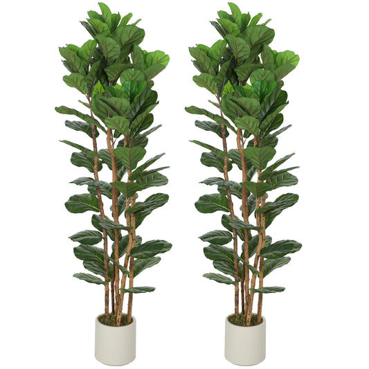 6FT Artificial Fiddle Leaf Fig Tree Set of 2, Fake Potted Tree with Solid Wood Trunks for Indoor Decor, Green