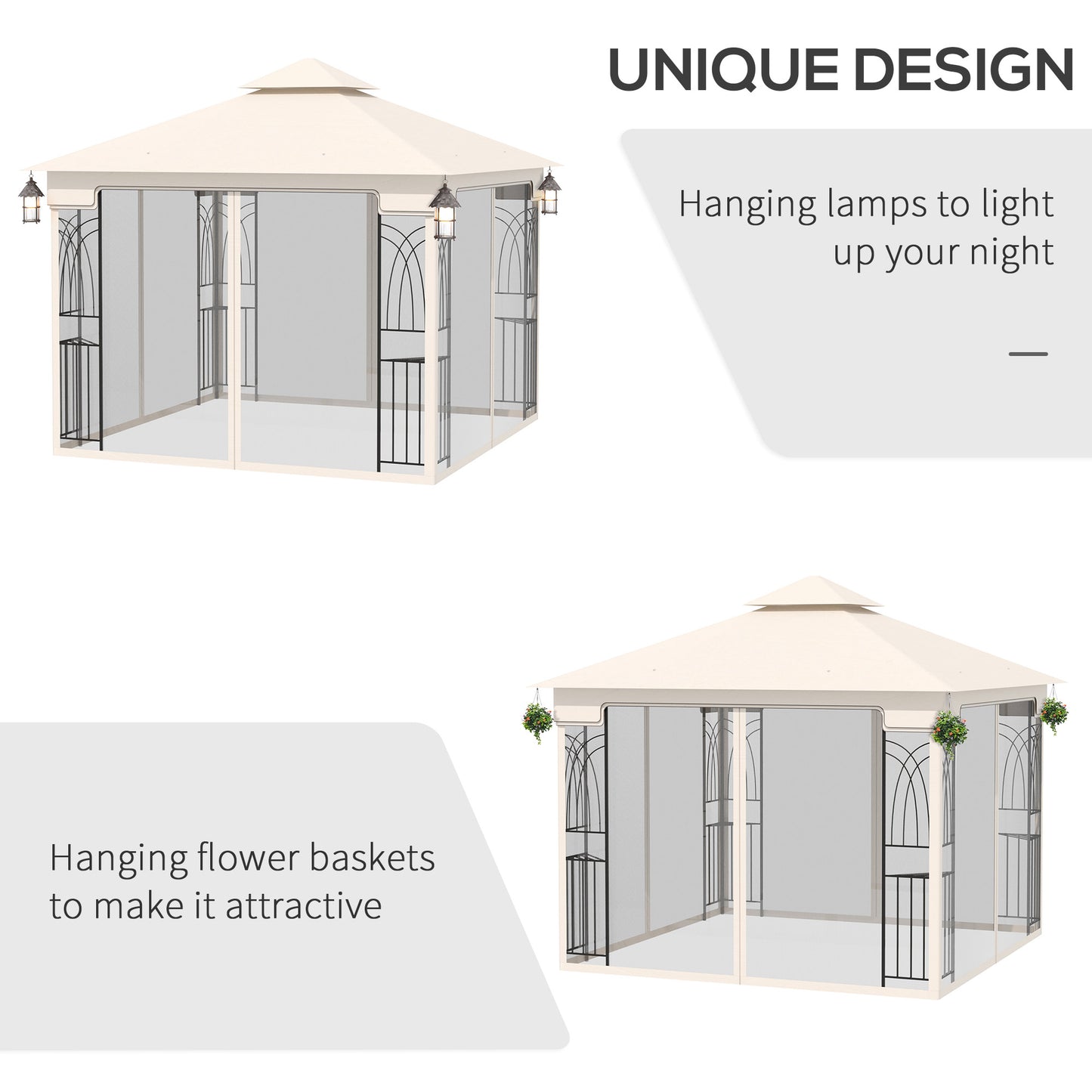 10'x10' Soft-top Patio Gazebo with Double Tier Roof, Mesh Curtains, Display Shelves, Top Hooks, Cream