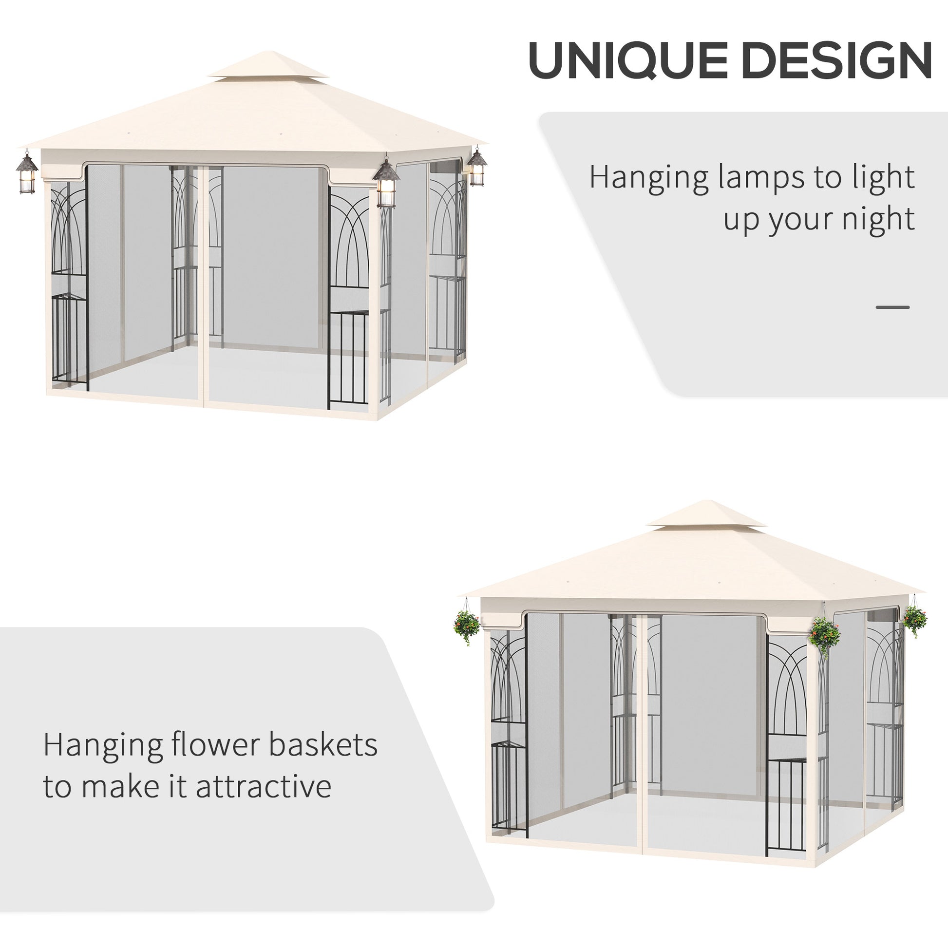 10'x10' Soft-top Patio Gazebo with Double Tier Roof, Mesh Curtains, Display Shelves, Top Hooks, Cream