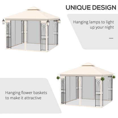 10'x10' Soft-top Patio Gazebo with Double Tier Roof, Mesh Curtains, Display Shelves, Top Hooks, Cream