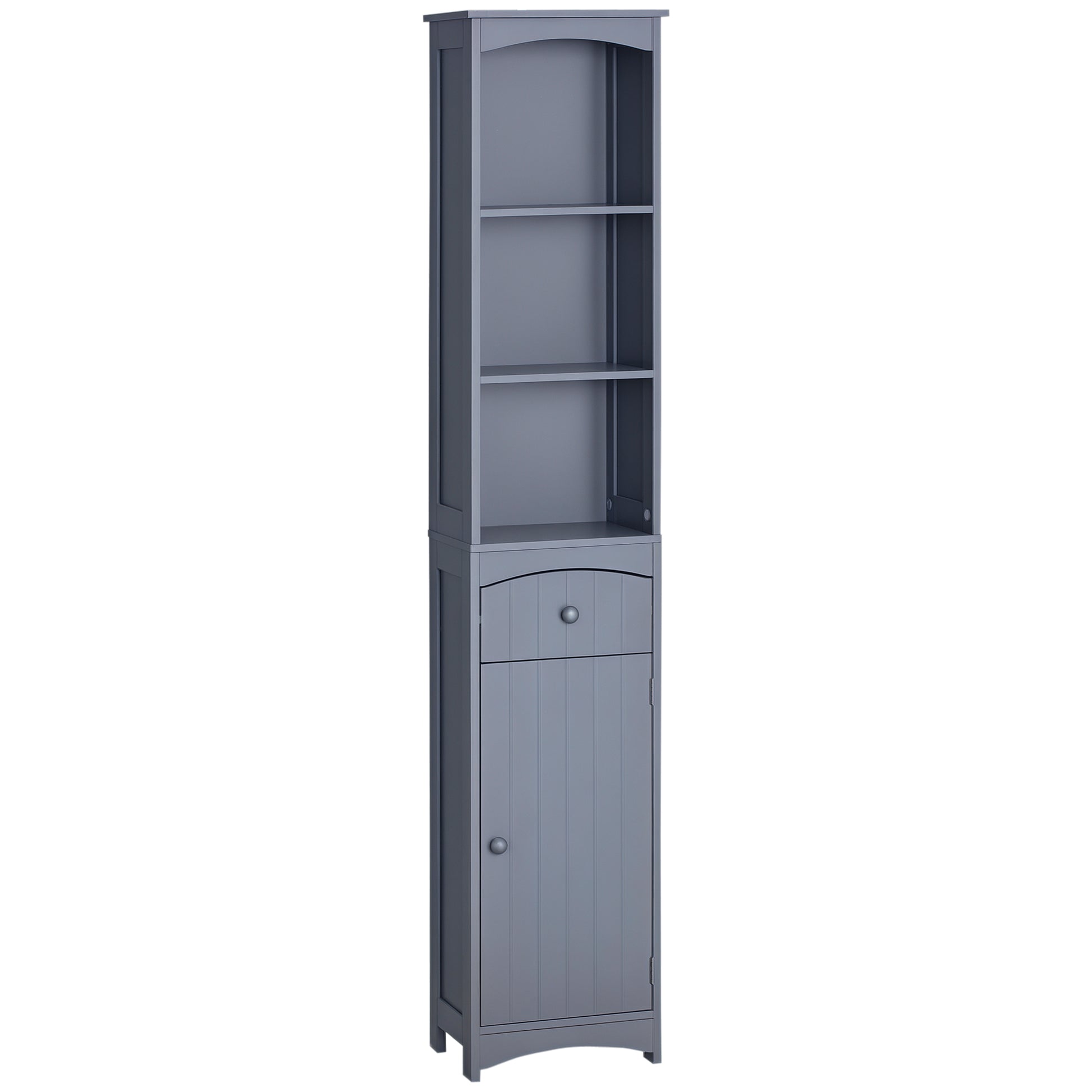 Bathroom Storage Cabinet, Tall Linen Tower with 3-Tier Shelves and Drawer and Door, Grey