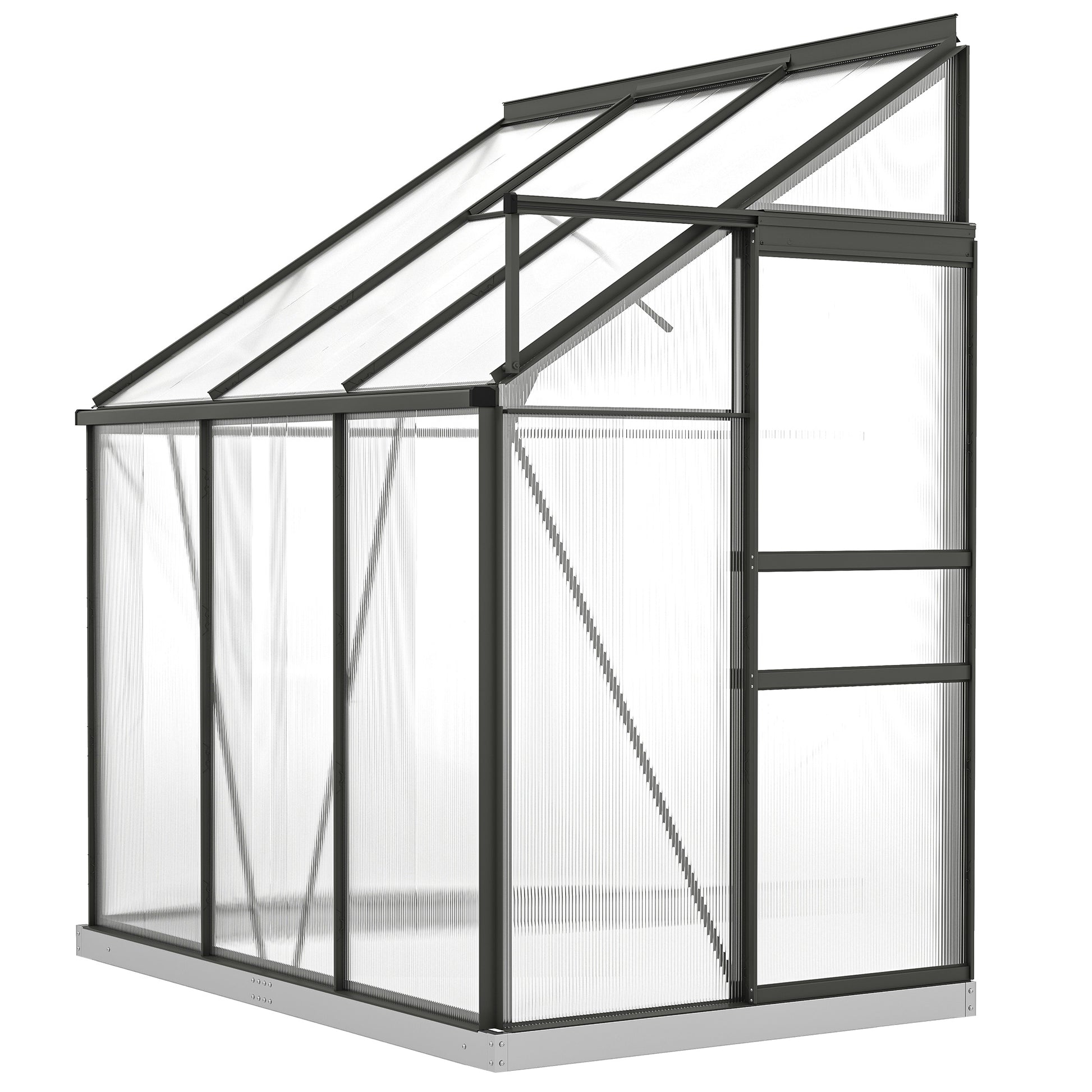 6' x 4' Aluminum Lean-to Greenhouse Polycarbonate Walk-in Greenhouse with Rain Gutter and Sliding Door, Dark Grey
