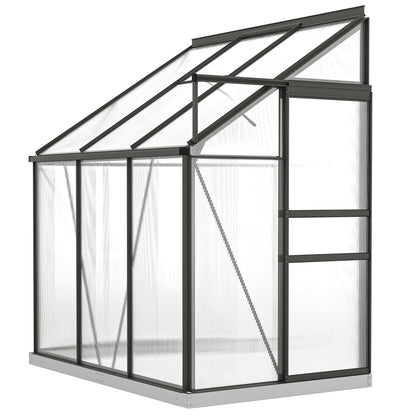 6' x 4' Aluminum Lean-to Greenhouse Polycarbonate Walk-in Greenhouse with Rain Gutter and Sliding Door, Dark Grey