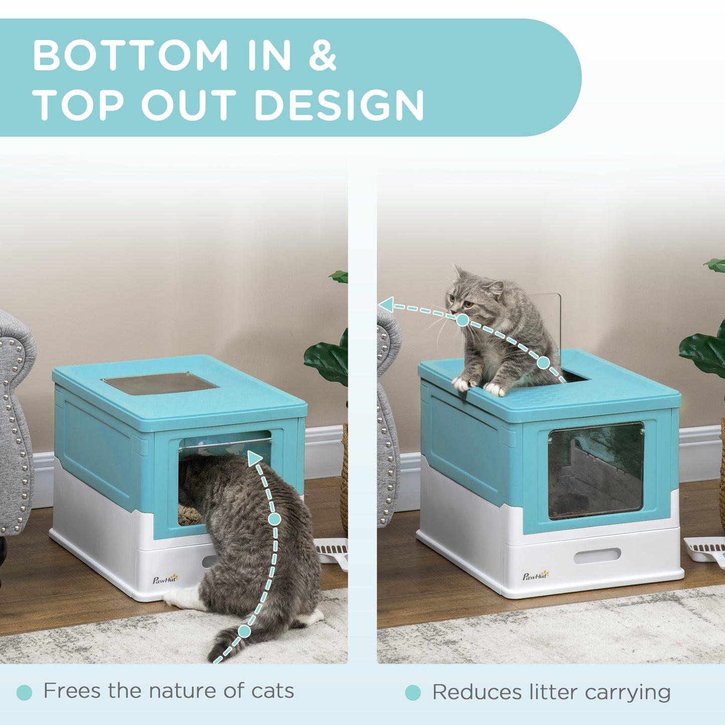 Top Entry Enclosed Kitty Litter Box with Scoop, Tray, Front Entry, Large Space, Foldable, Portable, Blue