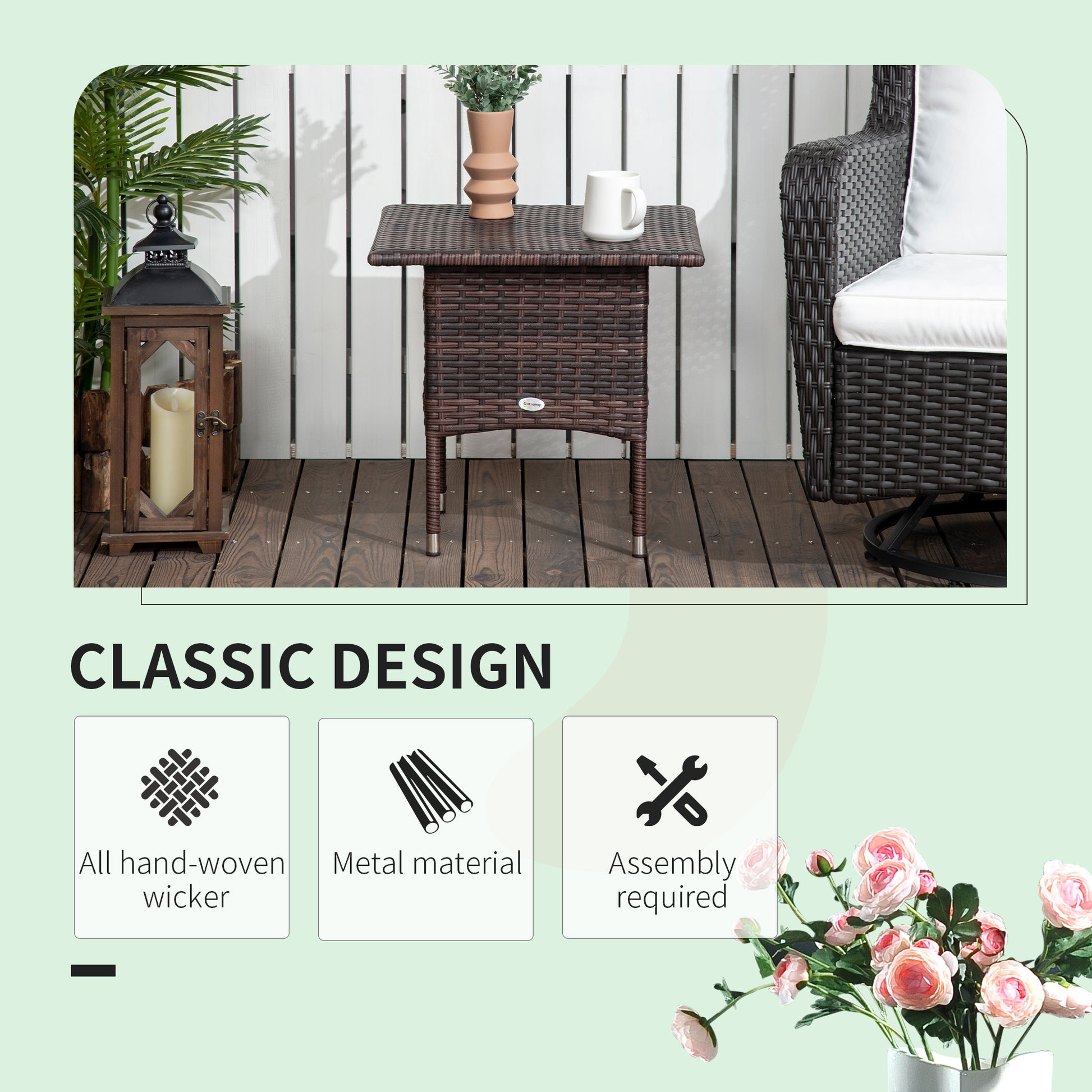 20" Patio Wicker Coffee Table, Outdoor Coffee Table with Plastic Board Underneath the Woven Tabletop for Patio, Garden, Balcony, Mixed Brown