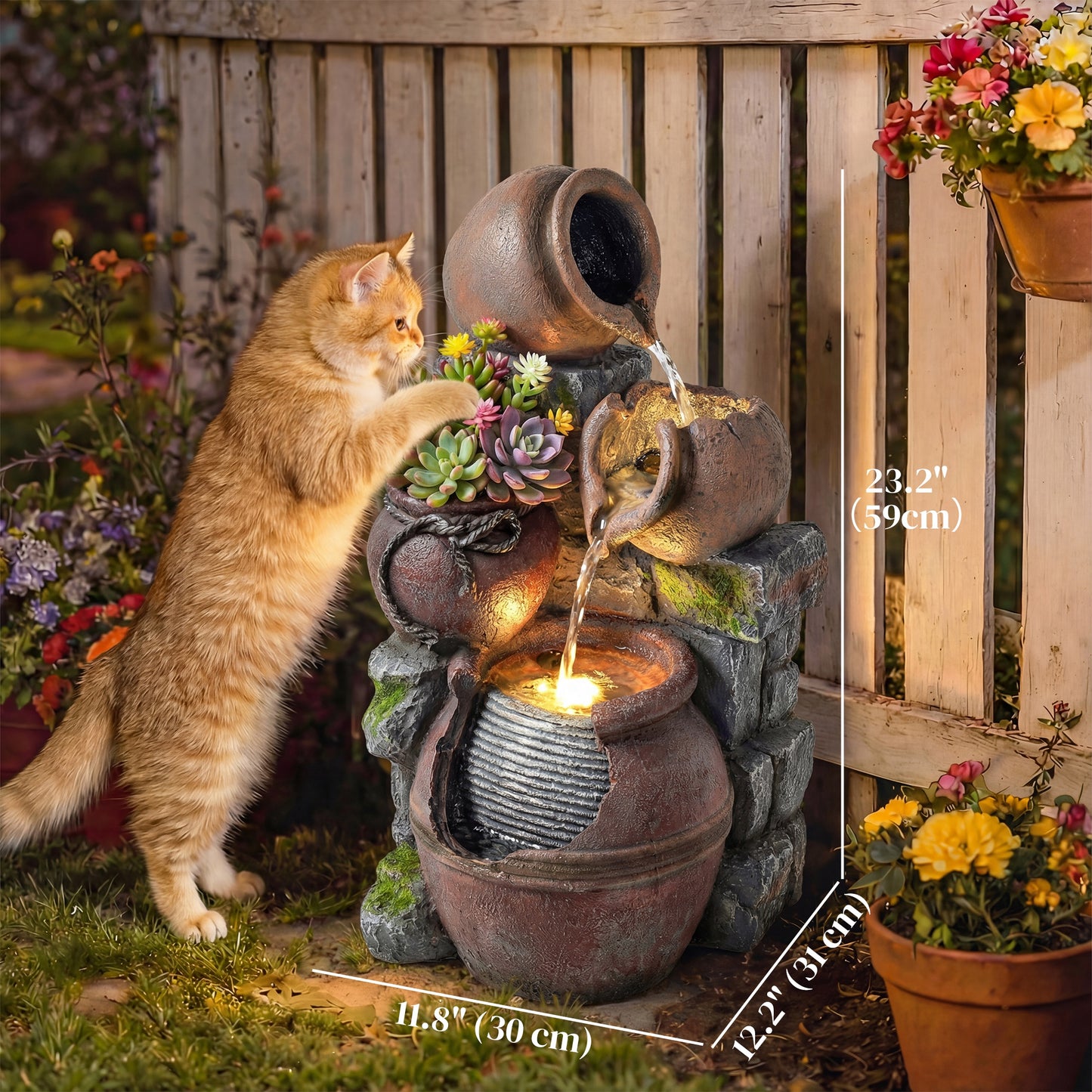 Outdoor Fountain with 4-Tier Rustic Pot Design, Cascading Rock Waterfall with LED Lights and Adjustable Flow