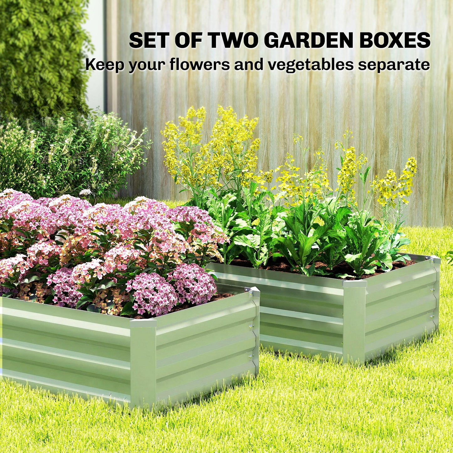 Set of 2 Galvanized Raised Beds for Garden, Outdoor Planter Box for Flowers, Herbs and Vegetables, Light Green