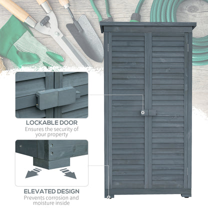 Outdoor Garden Shed, Wooden Tool Storage Shed, 3-Tier Shelves, Asphalt Roof, Shutter Doors, 34.3" x 18.3" x 63", Grey