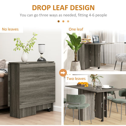 Extendable Dining Table, Collapsible Folding Table w/ 2-tier Shelves and Rolling Casters, Grey Wood Grain
