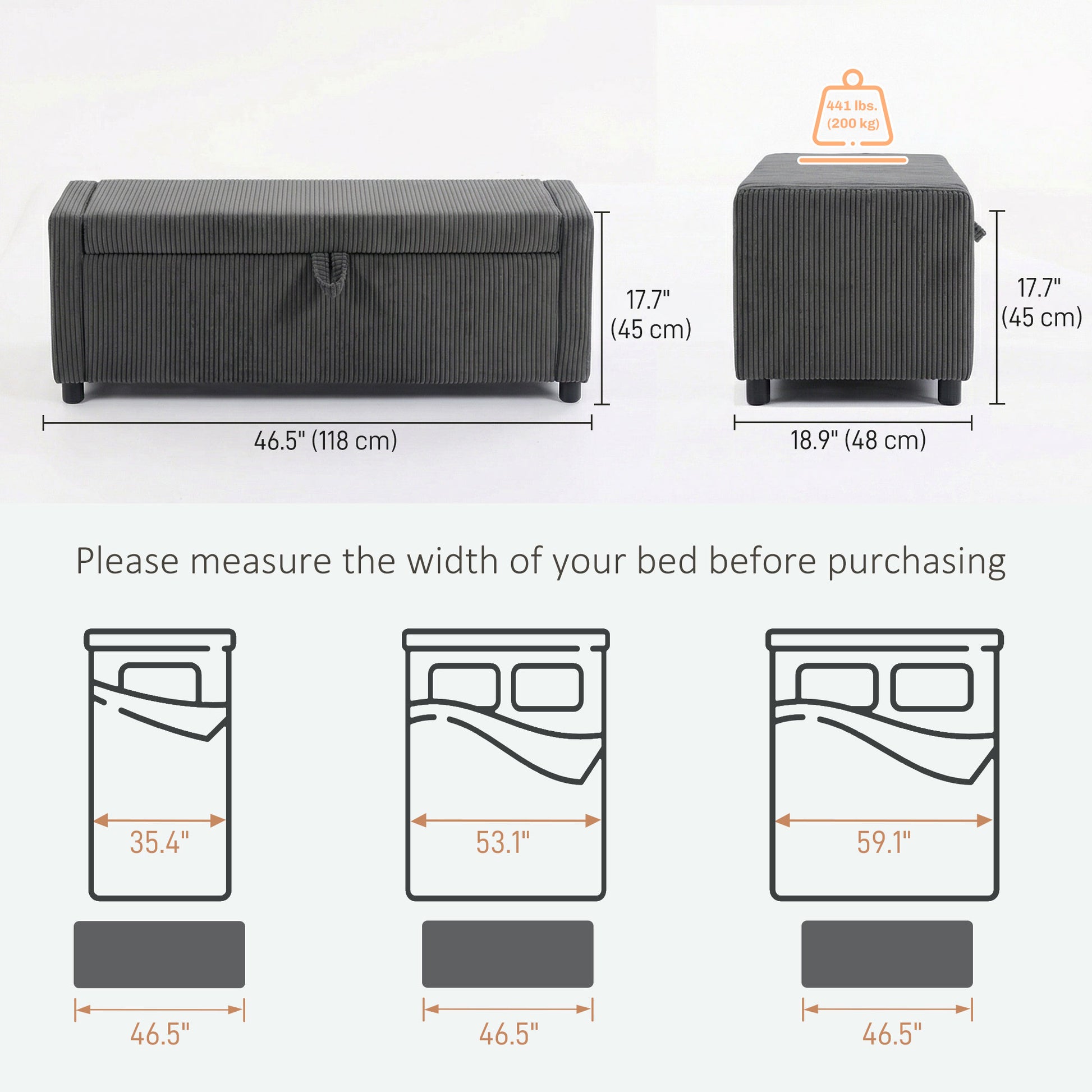 Storage Ottoman, Upholstered Corduroy End of Bed Bench with Thick Padding, Storage Bench for Bedroom, Dark Grey