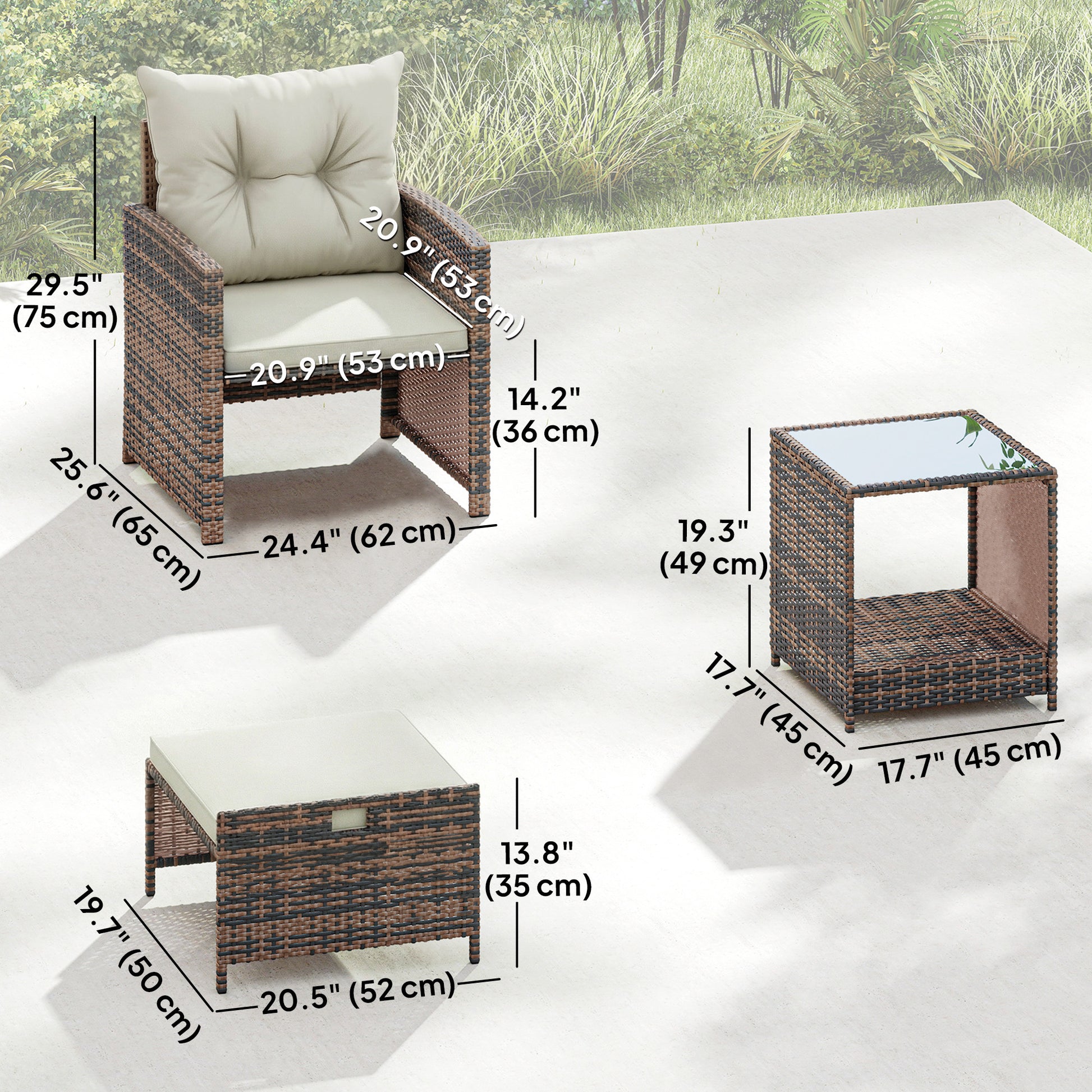 5 Piece Patio Furniture Set, Wicker Patio Chairs with Ottomans, 2-Tier Glass Coffee Table and Cushions, Brown/Cream