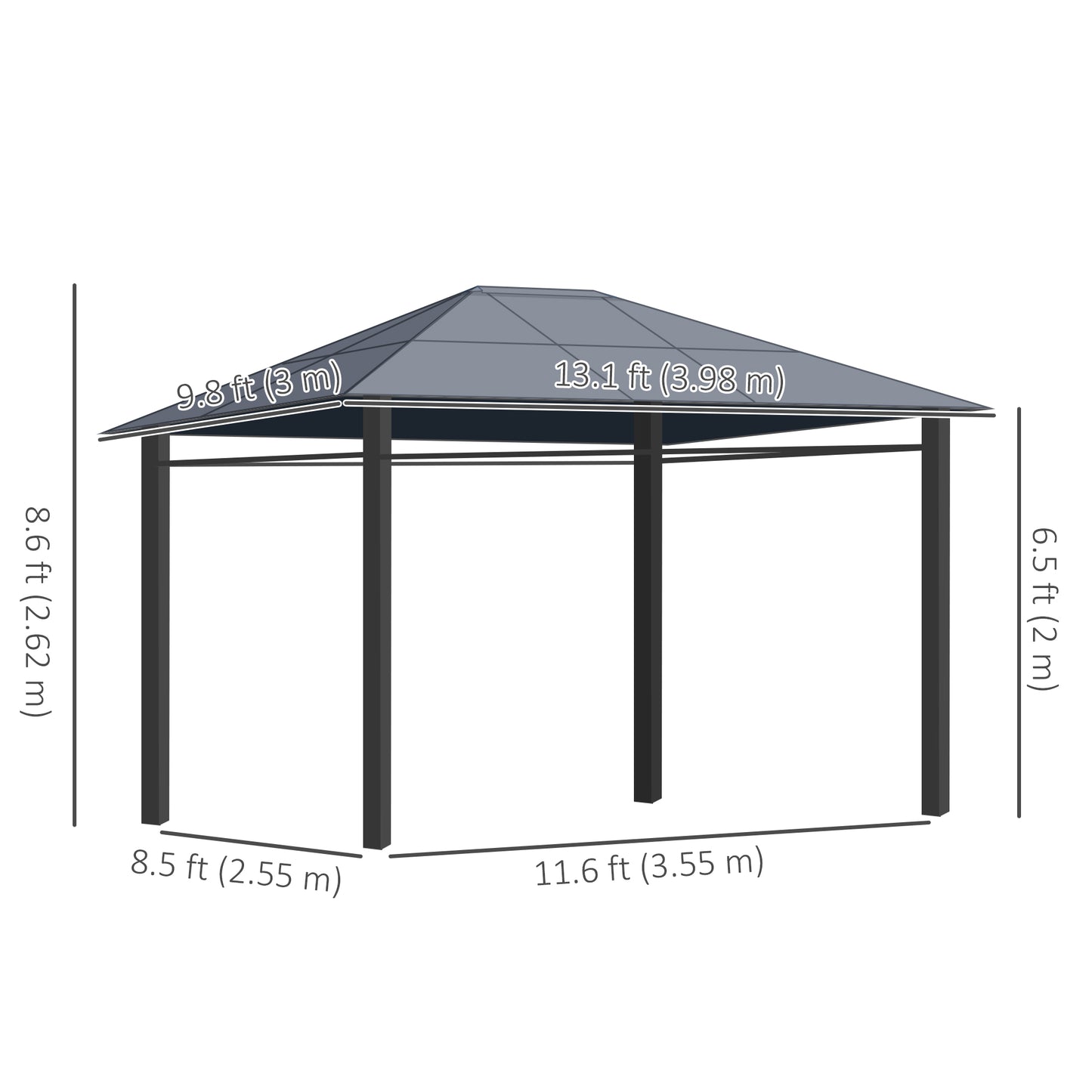 13' x 10' Polycarbonate Hardtop Gazebo Canopy, Outdoor Patio Gazebo with Aluminum Frame & Curtains, Dark Grey