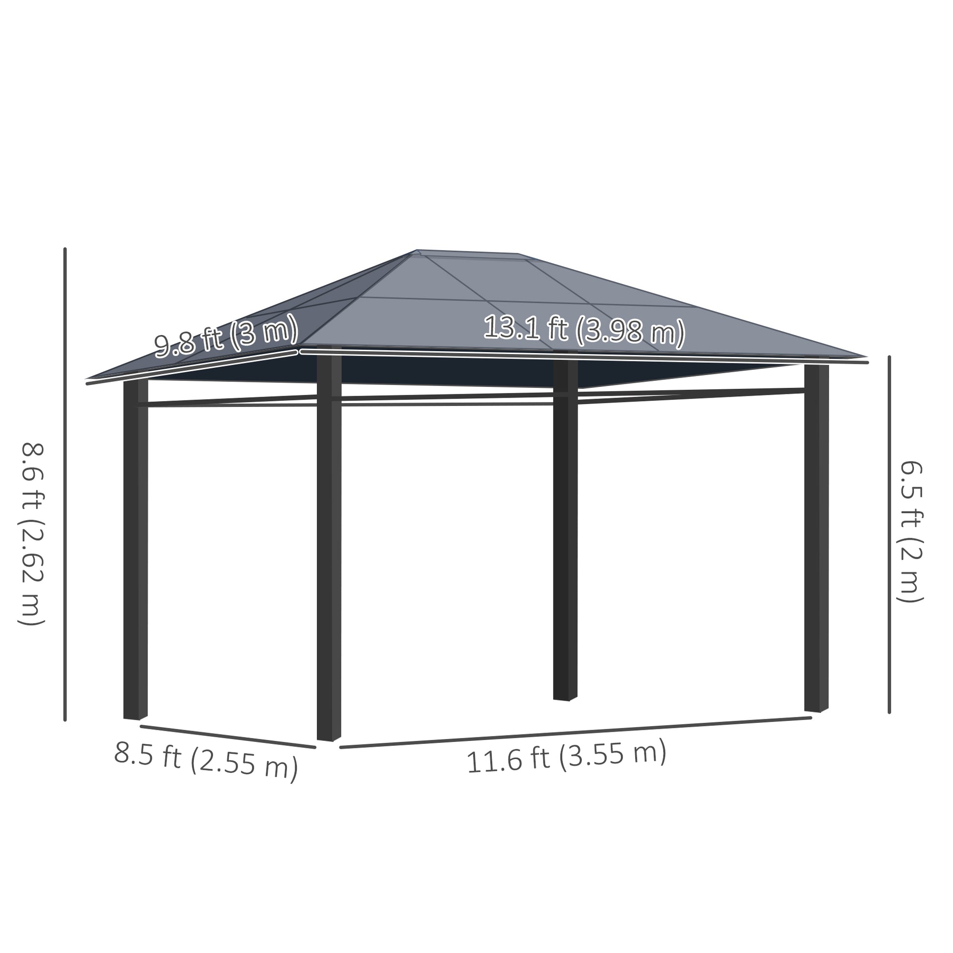 13' x 10' Polycarbonate Hardtop Gazebo Canopy, Outdoor Patio Gazebo with Aluminum Frame & Curtains, Dark Grey