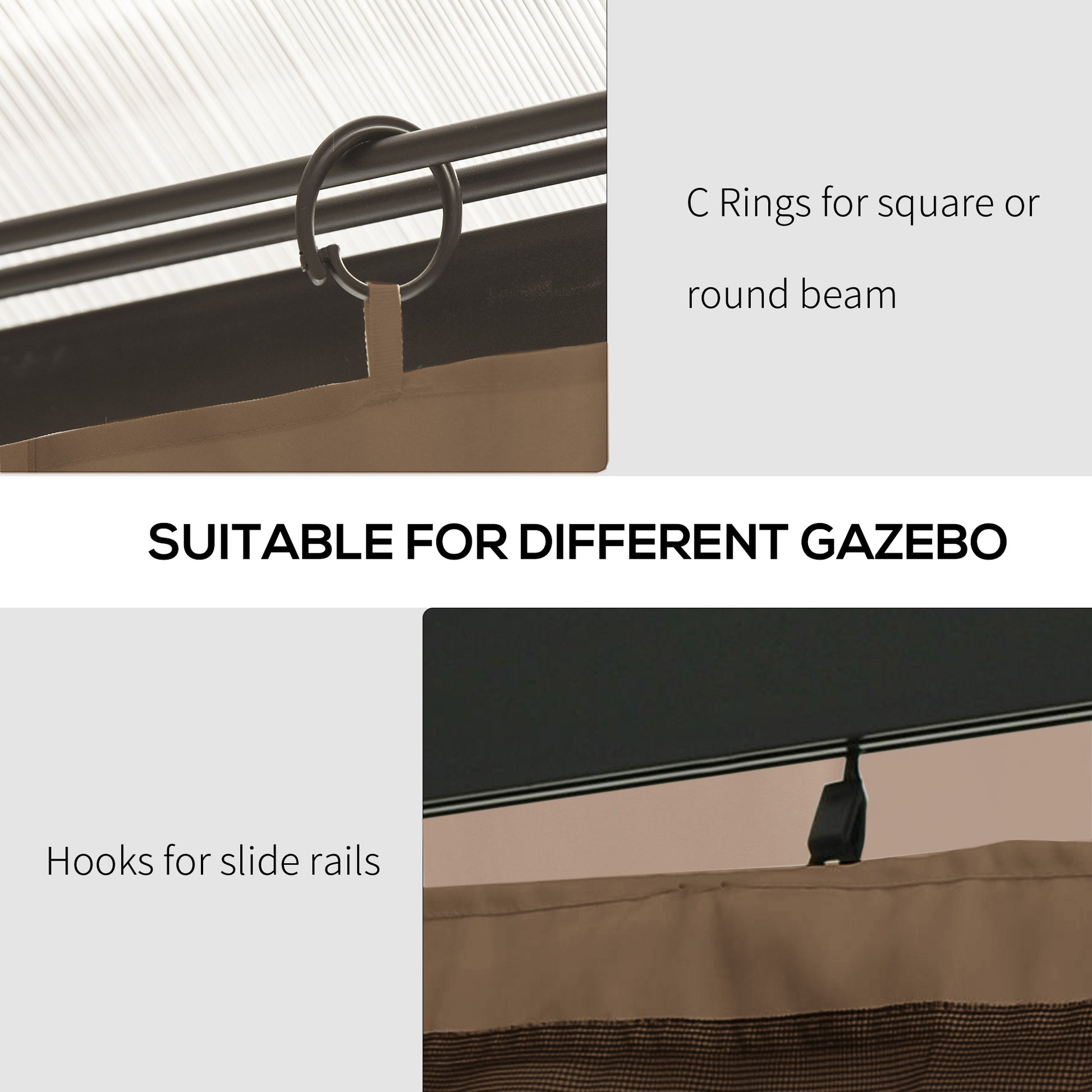 Gazebo Curtains, 10' x 10' Universal Replacement Privacy Curtain, 4-Panels Sidewall with Hooks/C-Rings, Brown