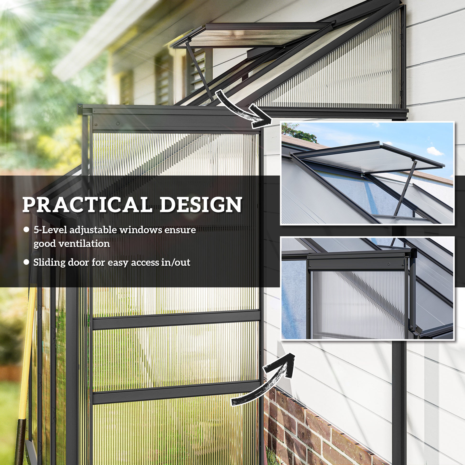 6' x 4' Aluminum Lean-to Greenhouse Polycarbonate Walk-in Greenhouse with Rain Gutter and Sliding Door, Dark Grey