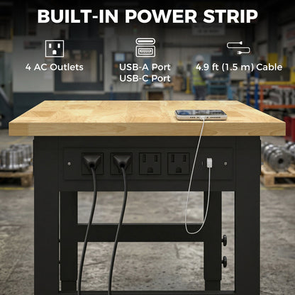 48" Adjustable Workbench, Heavy Duty Work Table with Rubber Wood Top, Power Outlets, Pegboard, 2000 LBS Capacity