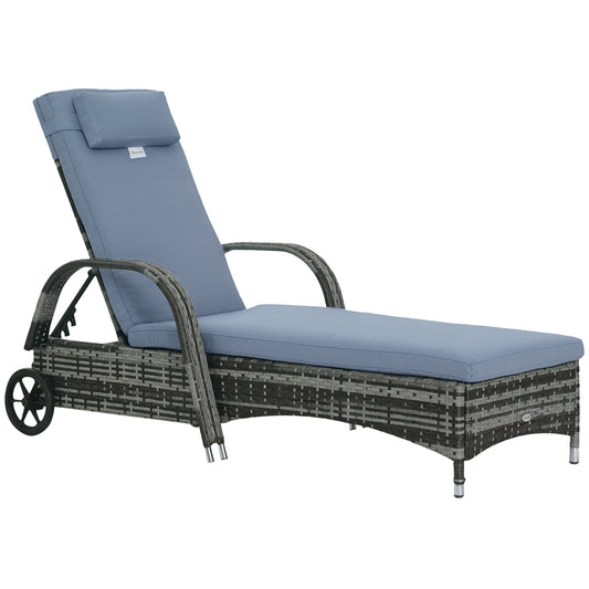 Wicker Chaise Lounge, Outdoor Lounge Chair, PE Rattan Patio Sun lounger with Head-rest, 5-Level Height Adjust Backrest, Cushion, & Wheels, Mixed Grey and Grey
