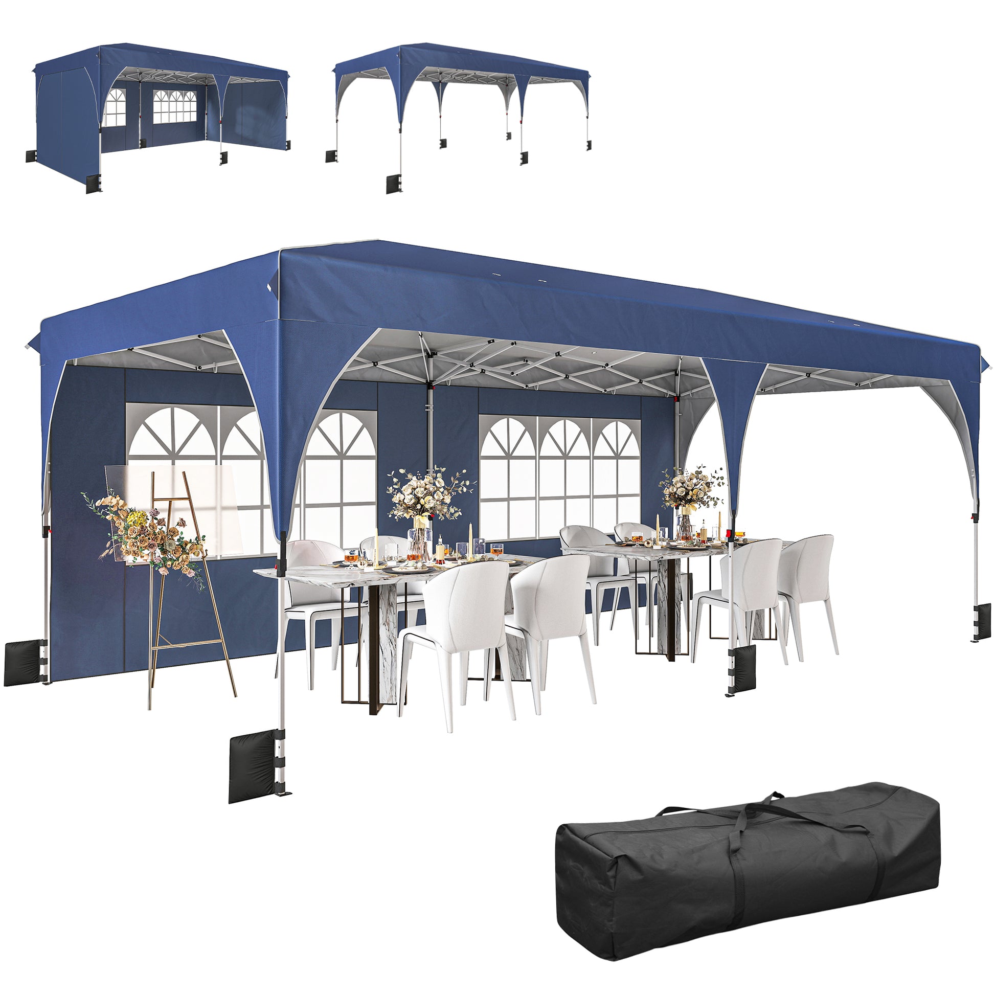 10 x 20 ft Pop Up Canopy Tent with Reflective Strips, UPF 50+ Easy up Instant Canopy with 6 Sandbags, Dark Blue