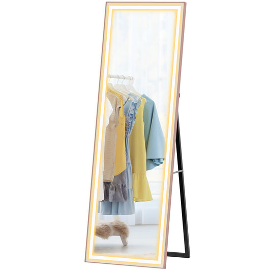 LED Mirror with Dimmable and 3 Colour Lights, 64" x 21" Rectangular Floor Mirror for Bedroom Living Room, Pink