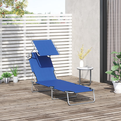 Outdoor Lounge Chair, Adjustable Folding Chaise Lounge, Tanning Chair with Sun Shade for Beach, Camping, Hiking, Backyard, Blue