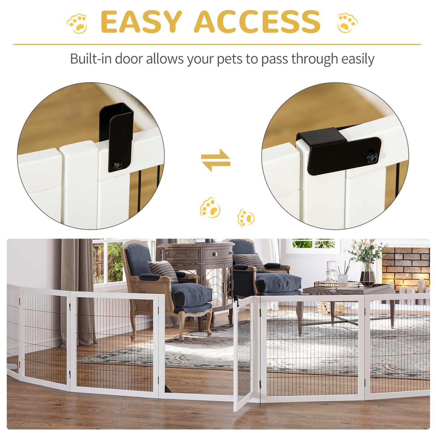 Wooden Freestanding Pet Gate w/ 2 Support Feet, White