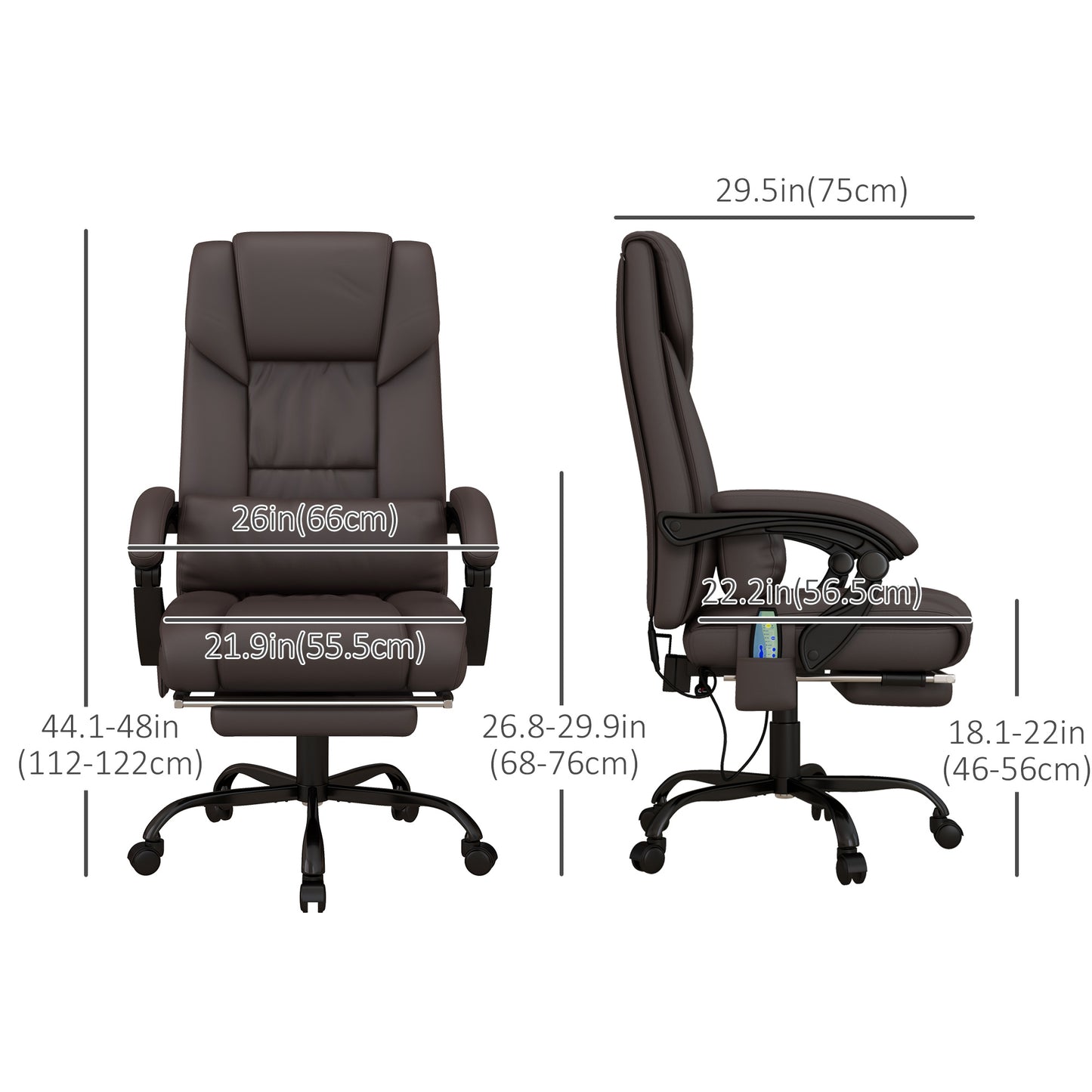 6-Point Vibration Massage Chair, Height Adjustable Reclining Computer Chair with Retractable Footrest, Brown