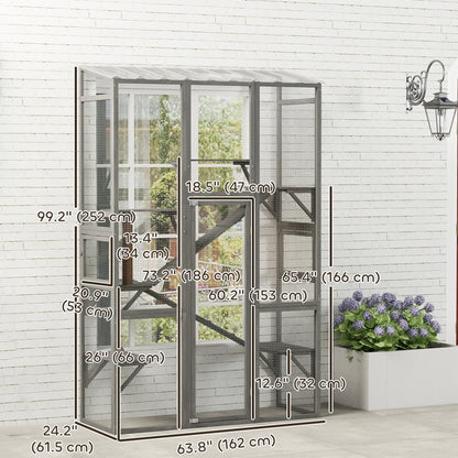 Large Outdoor Catio with 6 Jumping Platforms, Scratching Post, 2 Ramps, Waterproof Roof, Grey