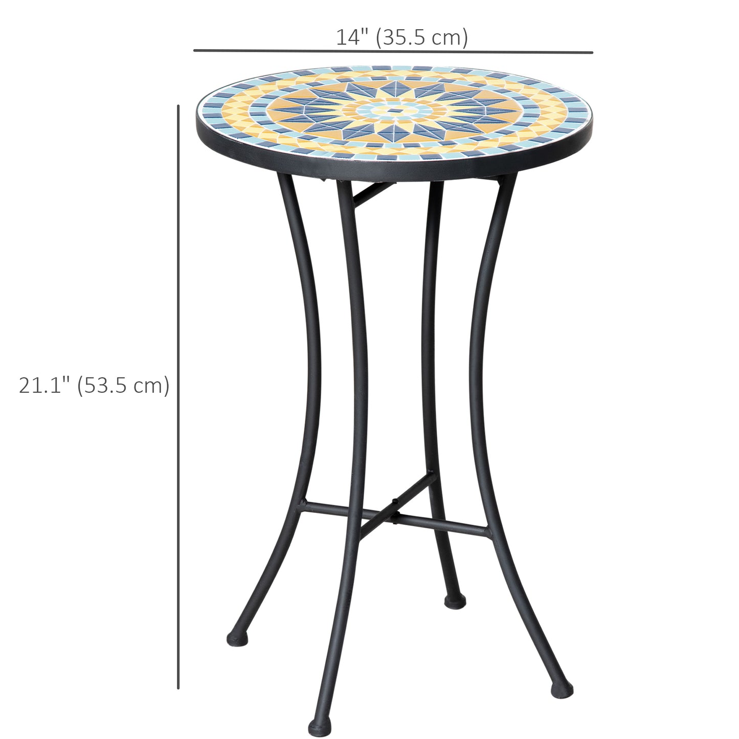 Mosaic Patio Table, Round Coffee Table with Metal Frame, Garden Furniture for Outdoor, Poolside, Yellow