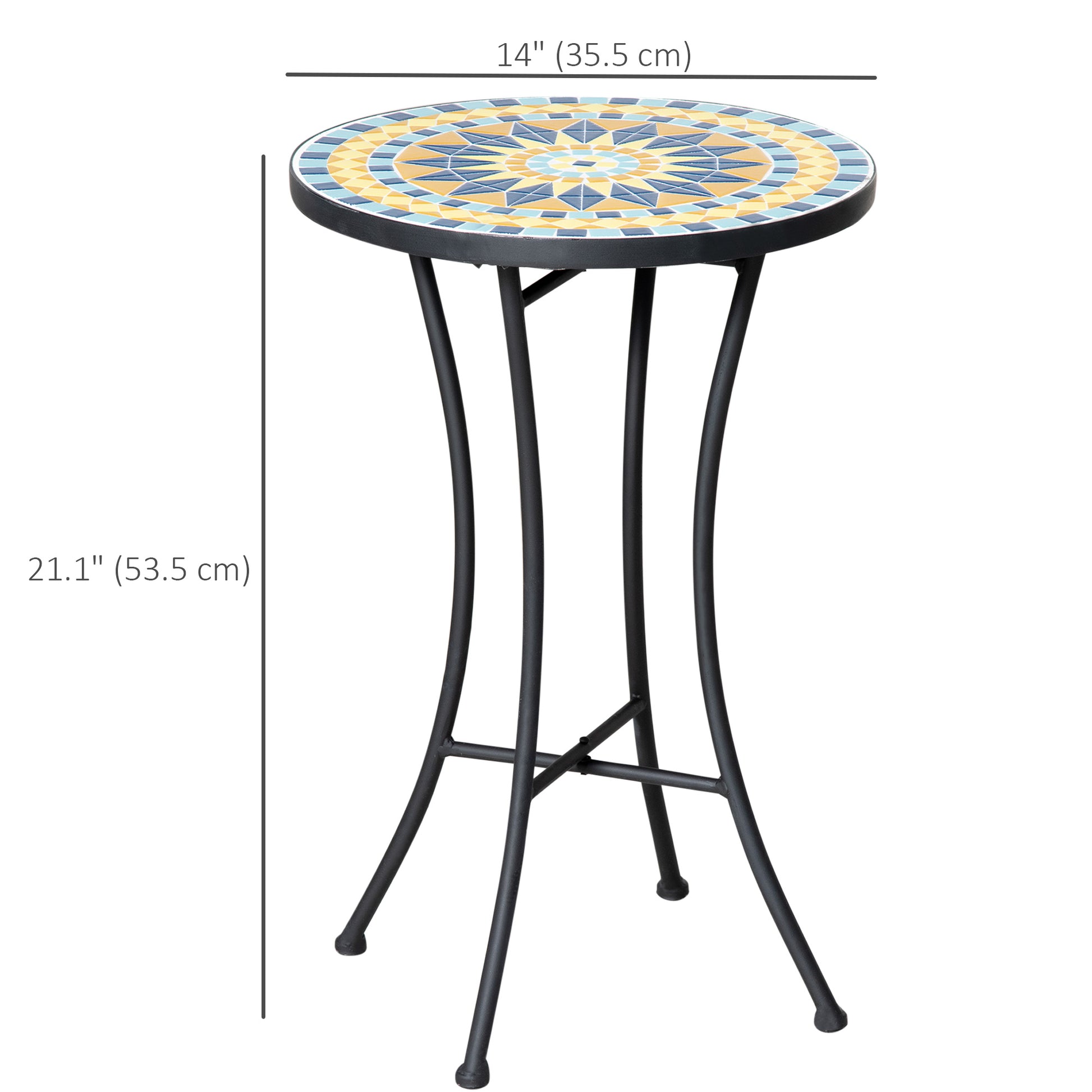 Mosaic Patio Table, Round Coffee Table with Metal Frame, Garden Furniture for Outdoor, Poolside, Yellow