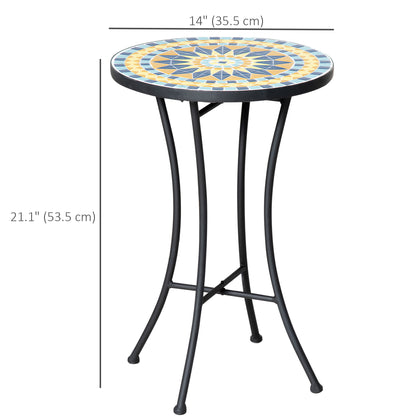 Mosaic Patio Table, Round Coffee Table with Metal Frame, Garden Furniture for Outdoor, Poolside, Yellow