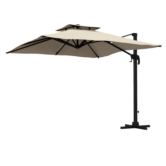 10ft Square Cantilever Patio Umbrella, 360° Rotating Overhanging Umbrella with Cross Base, Crank Handle, Khaki