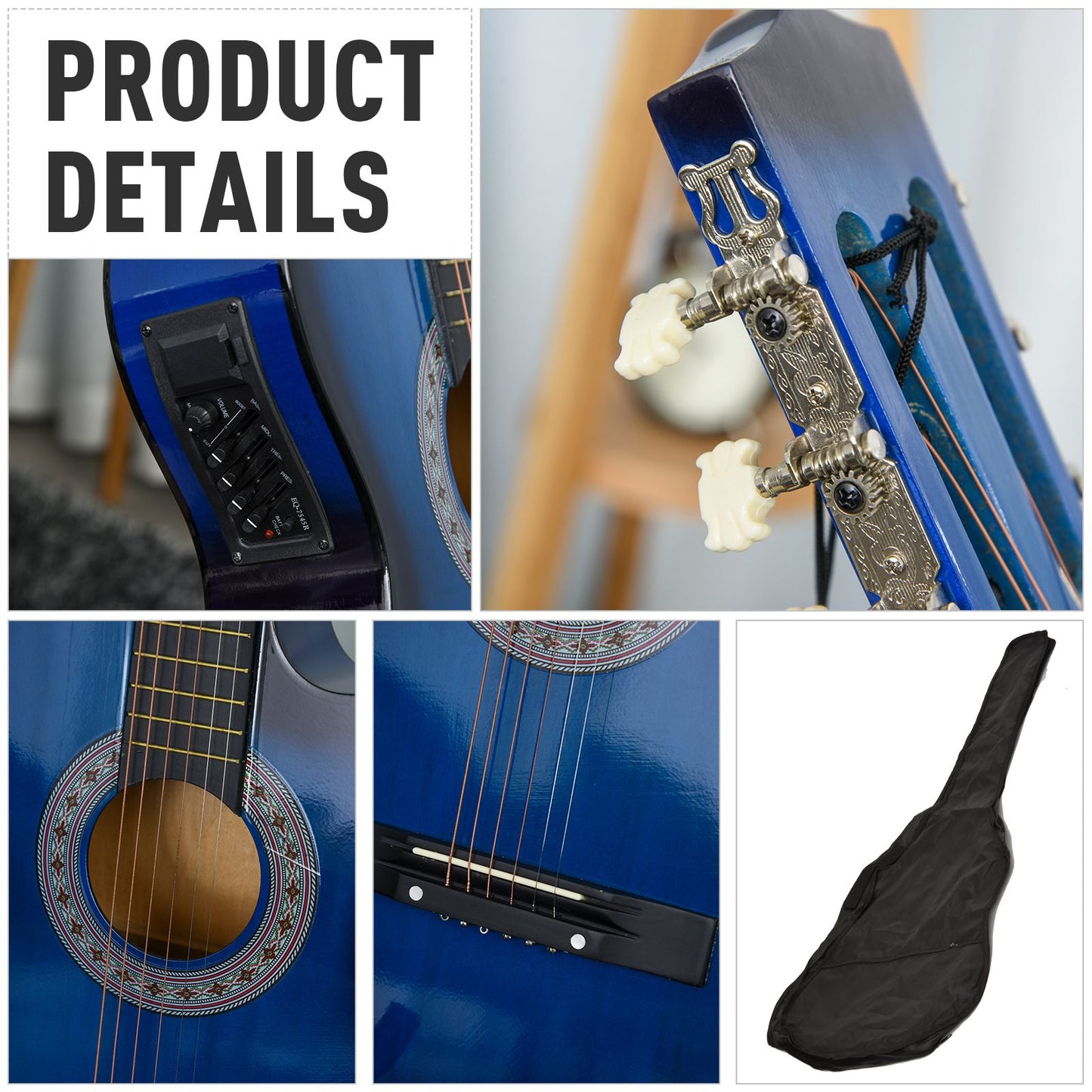 Soozier 38 Inch Full Size Classical Acoustic Electric Guitar Premium Gloss Finish with Strings, Picks, Shoulder Strap and Case Bag, Blue