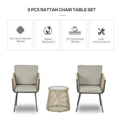 3 Piece Outdoor Patio Bistro Set, Wicker Rattan Furniture with Metal Legs for Garden, Backyard, Coffee and Light Grey
