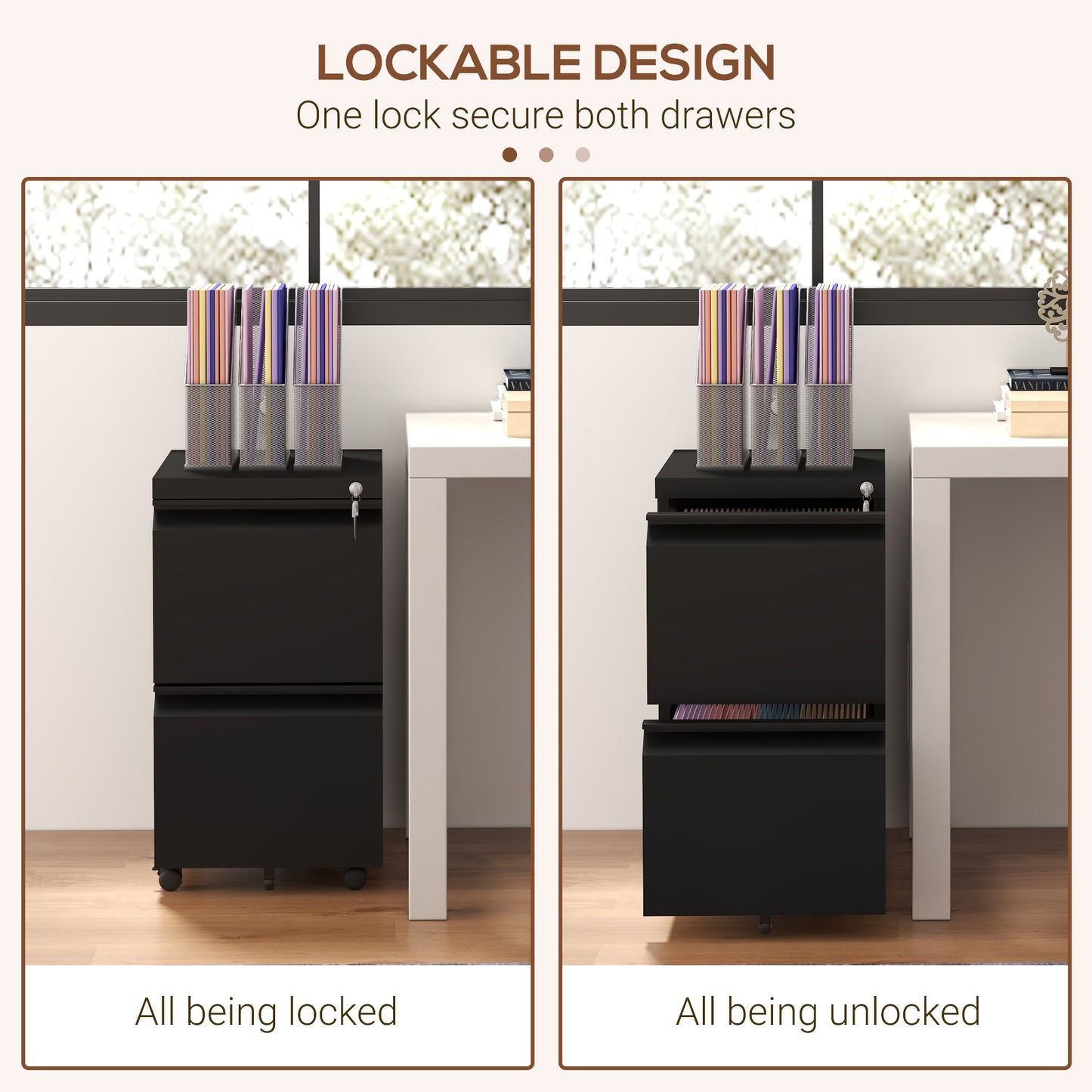 Mobile Vertical Filing Cabinet with Lock, 2-Drawer Steel File Cabinet with Adjustable Hanging Bar for Letter, A4 and Legal Size, Black