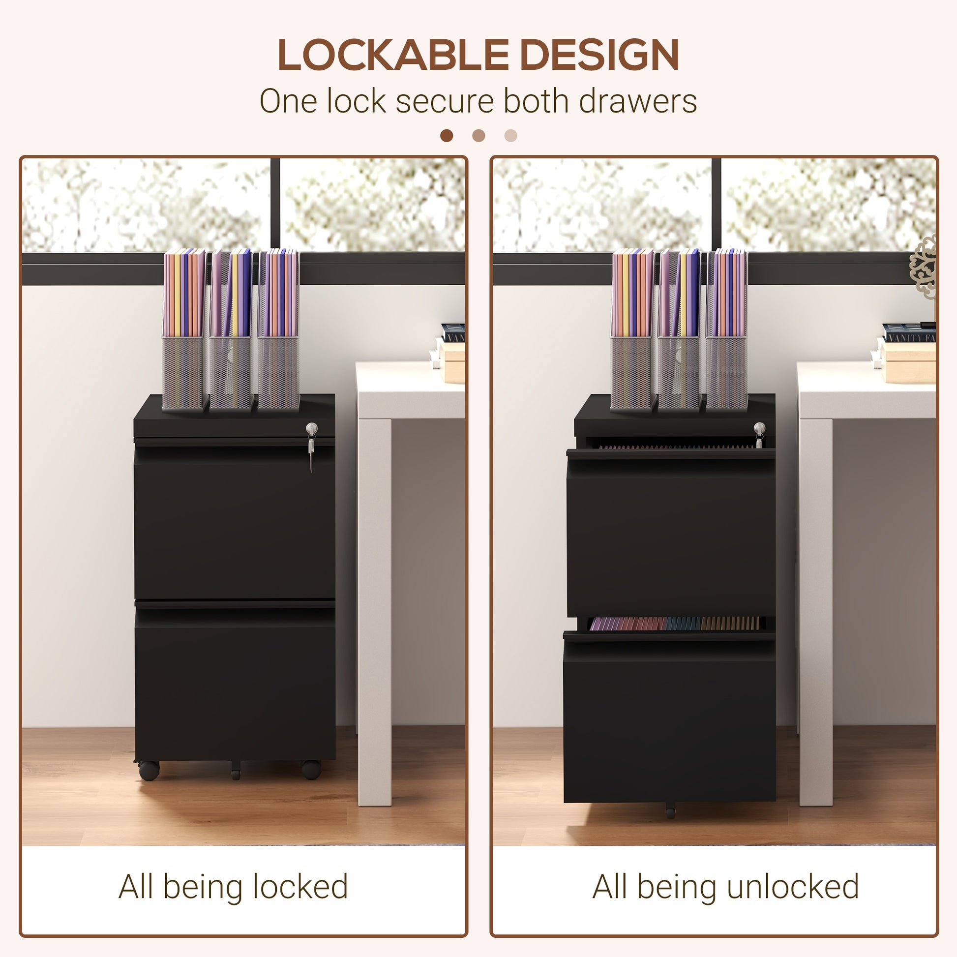 Mobile Vertical Filing Cabinet with Lock, 2-Drawer Steel File Cabinet with Adjustable Hanging Bar for Letter, A4 and Legal Size, Black