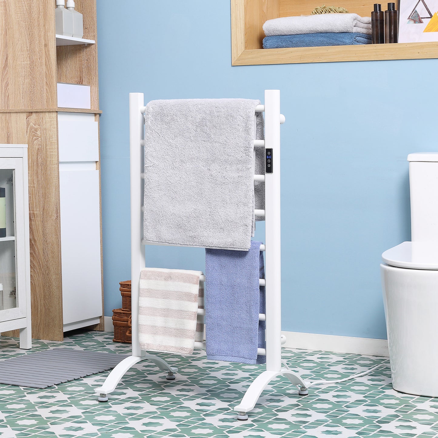 8-Bar Heated Towel Warmer Rack with Built-in Timer and LED Indicators, Wall Mounted & Free Standing Carbon Steel Electric Towel Bar with Adjustable Temperature, White