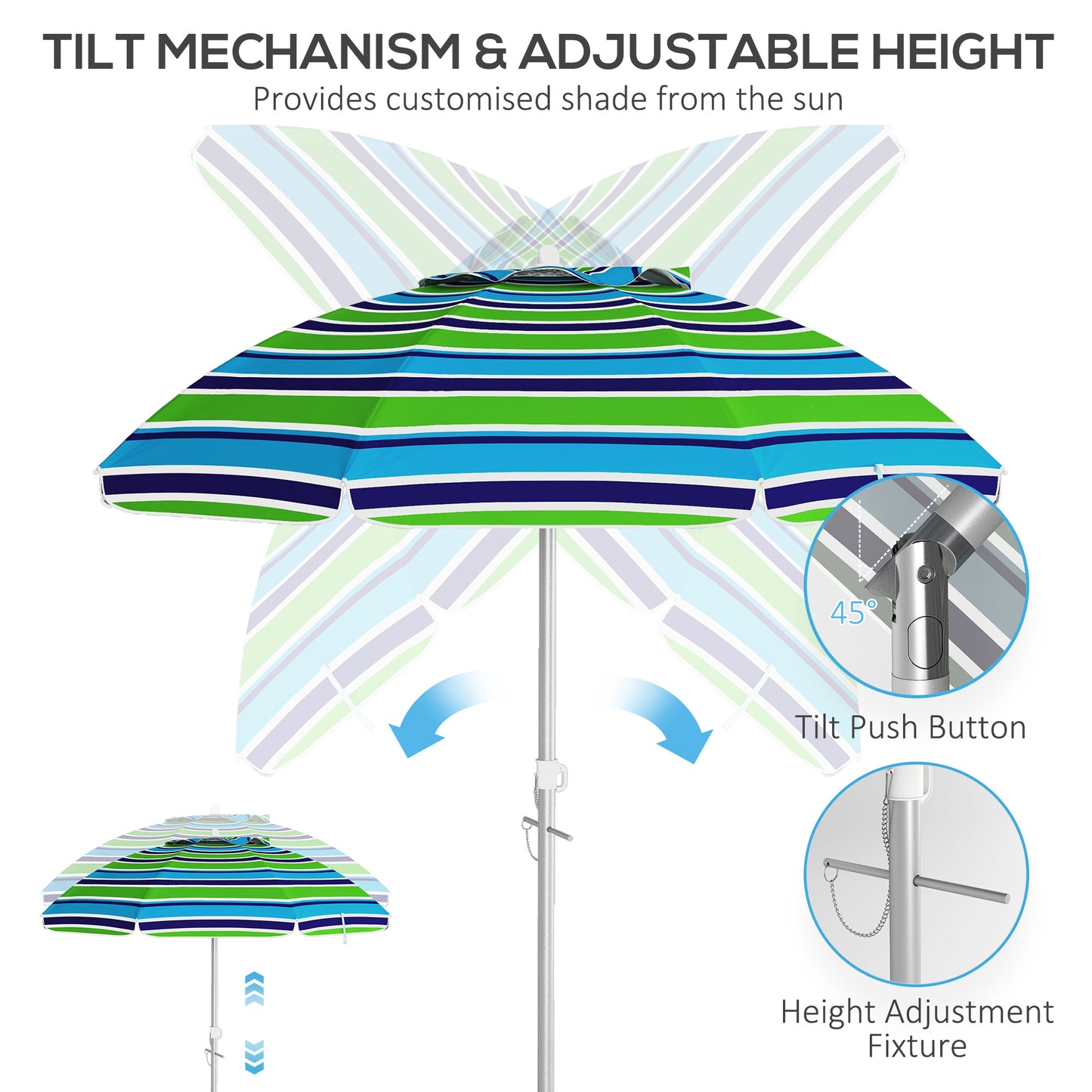 6ft Travel Beach Umbrella with Sand Anchor Height Adjustable Sun Umbrella with Tilt Bag 40+ UV Protection Multicolour